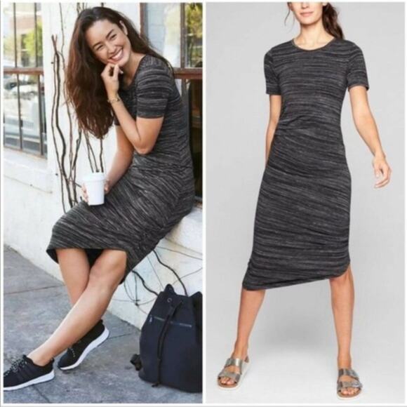 Athleta Downtown Dress, Asymmetrical Hem Ruched Sides, T-Shirt Dress, Small - Picture 1 of 7